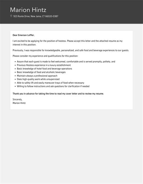 hostess cover letter|3 Professional Hostess Cover Letter Examples for .